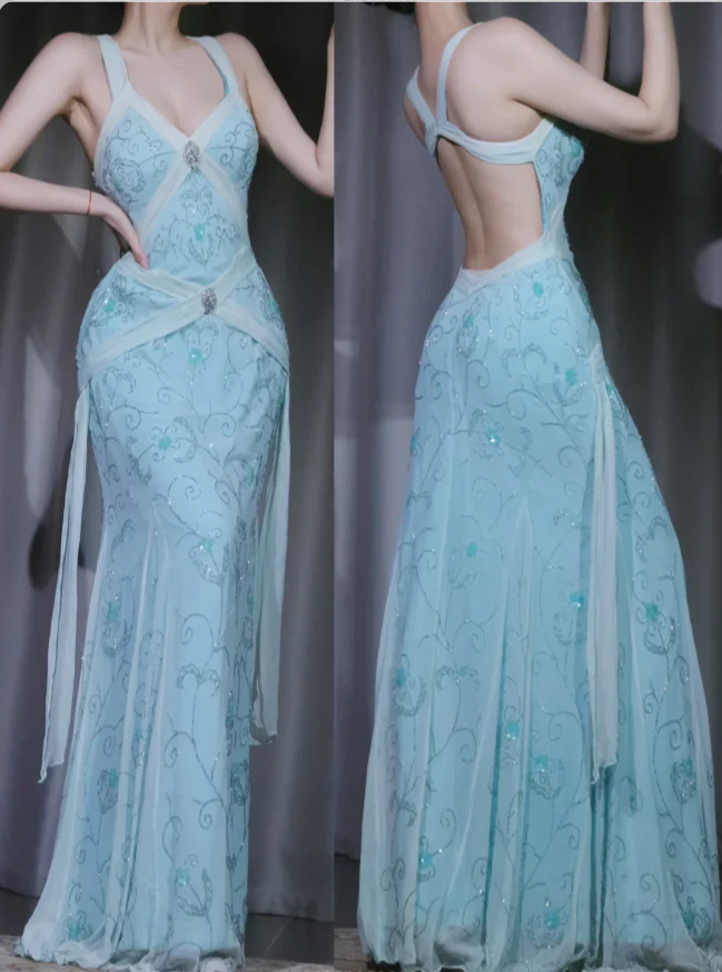 Vintage Sheath Tiffany Blue Long Prom Dresses Chiffon Beaded Tiffany Blue Evening Dresses DP3921 - Deanwangkt