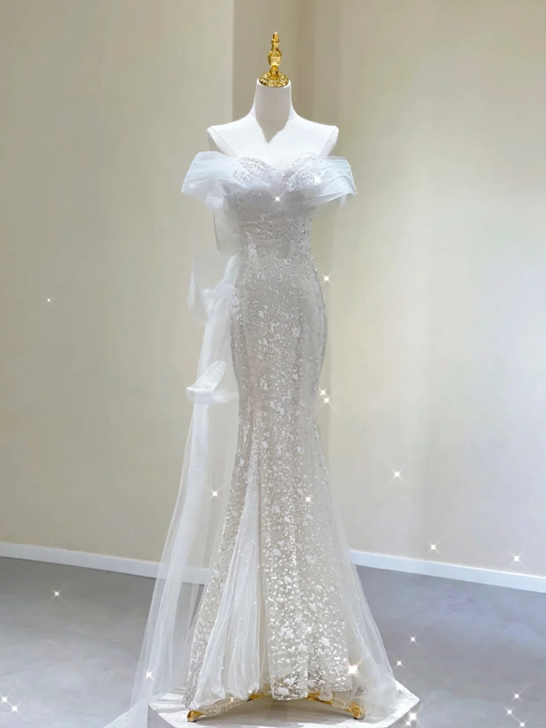 Unique Mermaid Off The Shoulder Ruffles Sequin Long Wedding Dresses Brides Dress DP338 - Deanwangkt