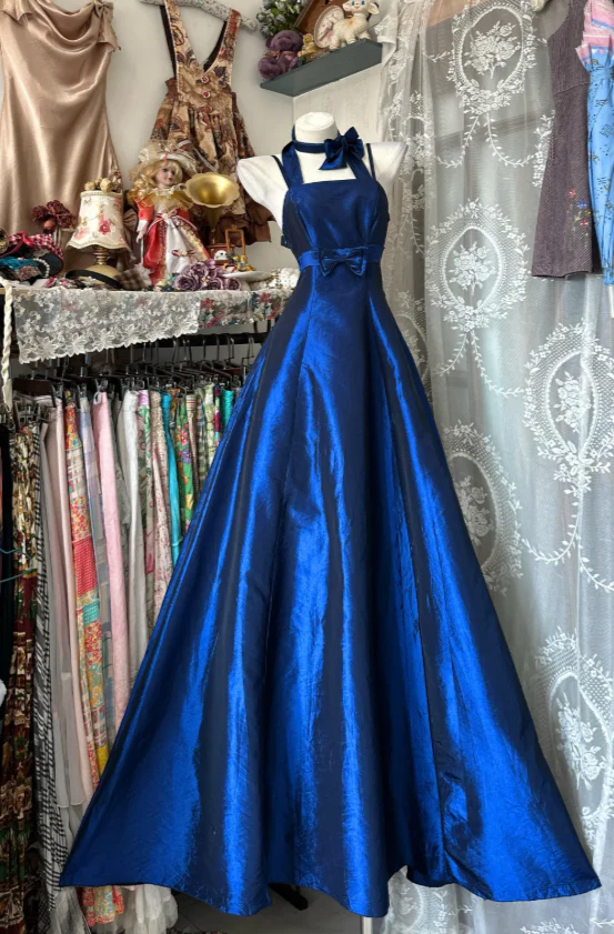 Chic Halter A-Line Long Prom Dresses Satin Blue Evening Dresses DP3376 - Deanwangkt