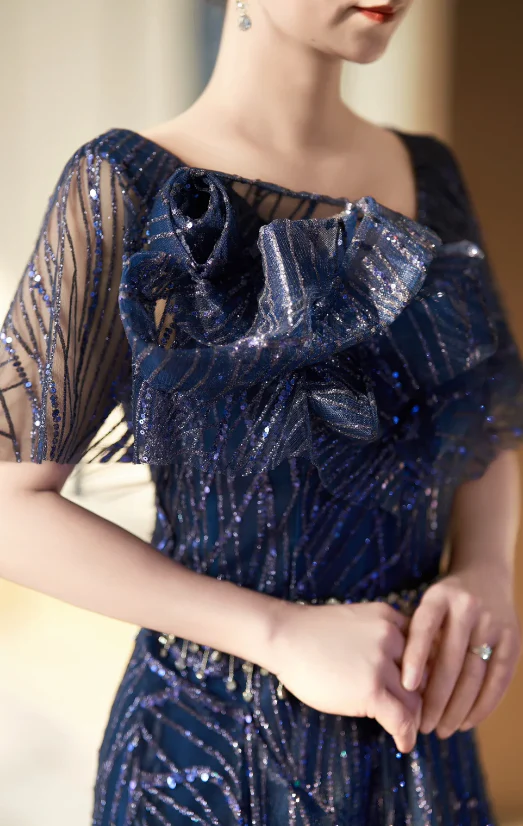 Elegant Sheath Navy Blue Mother of the Bride Dress Tulle Sequins Evening Gown DP3264 - Deanwangkt