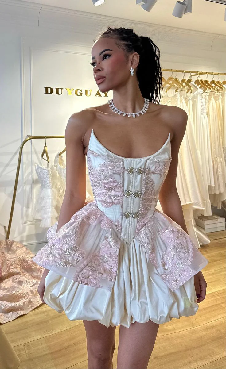 Pretty Ball Gown Strapless Floral Pink Formal Homecoming Dresses Short 21st Birthday Outfits Graduation Dress Mini Cocktail Dresses DH2287 - Deanwangkt