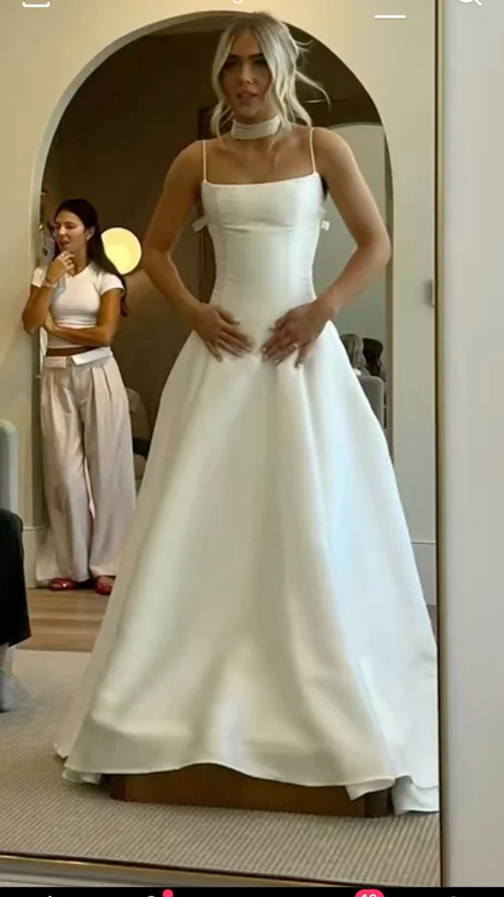 Ethereal Wedding Dress A Line Spaghetti Straps Satin Long White Wedding Dresses Bridal Gowns DH859 - Deanwangkt