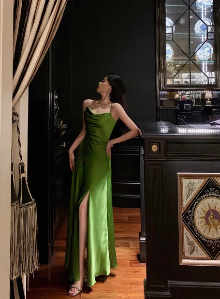 Sexy A line Spaghetti Straps Green Slit 21st Birthday Dress Holiday Party Birthday Outfits For Women DP0179 - Deanwangkt