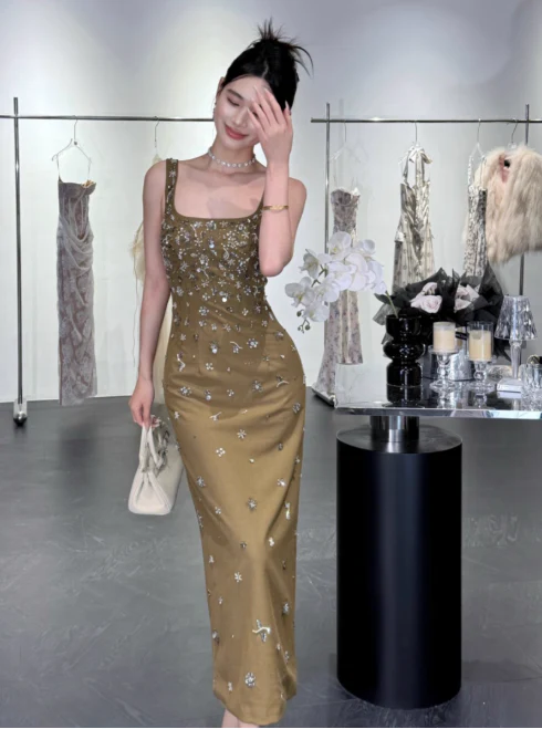 Elegant Sheath Olive Green Evening Dresses Beaded Satin Olive Green Wedding Guest Dresses DP3941 - Deanwangkt