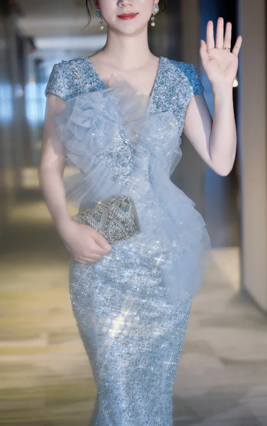 Glitter V neck Mermaid Mother of the Bride Dresses, Sequined Tulle Blue Evening Dresses DP3237 - Deanwangkt