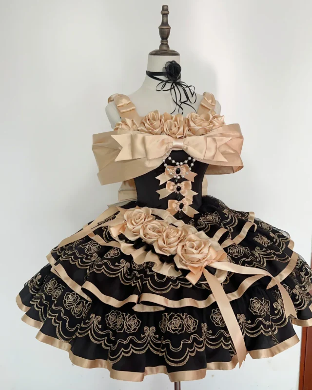 Vintage Champagne Ball Gown Satin Birthday Dresses Black Lolita Dresses DP3178 - Deanwangkt