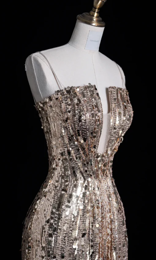 Elegant Spaghetti Strap Sheath Long Prom Dresses Sequins Champagne Evening Dresses DP3284 - Deanwangkt