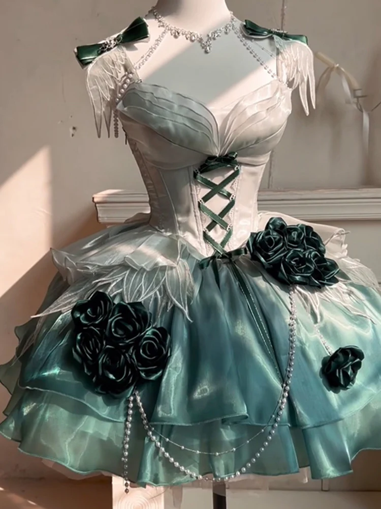 Vintage Ball Gown Spaghetti Straps Chiffon Green Summer 18th Birthday Dress Green Short Lolita Dress 18th Birthday Outfits DH2433 - Deanwangkt