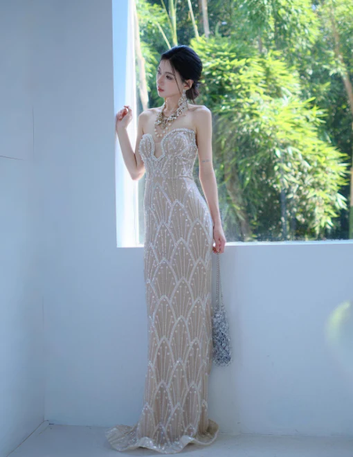 Sexy Sweetheart Sheath Long Prom Dresses Sequined Tulle Champagne Evening Dresses Sleeveless Formal Dresses DP3723 - Deanwangkt