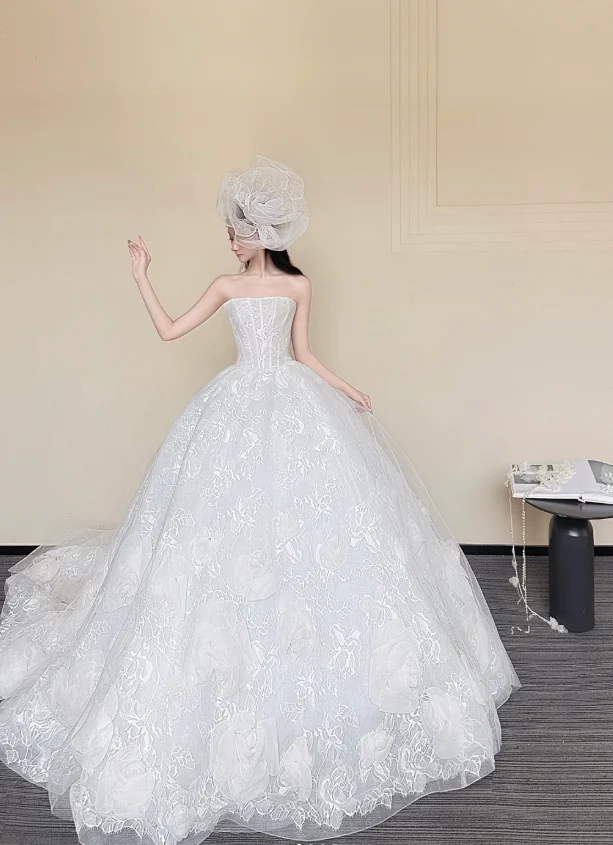 Timeless Strapless A-Line Tulle Applique Wedding Dress, White Sleeveless Bridal Dresses DP3115 - Deanwangkt