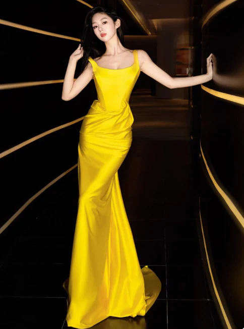 Glam Strap Sheath Long Prom Dresses Satin Yellow Evening Dresses DP3311 - Deanwangkt