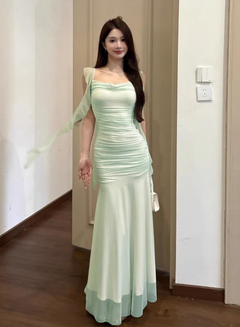Sexy Spaghetti Strap Mermaid Chiffon Evening Dresses Light Green Birthday Dresses DP03033 - Deanwangkt