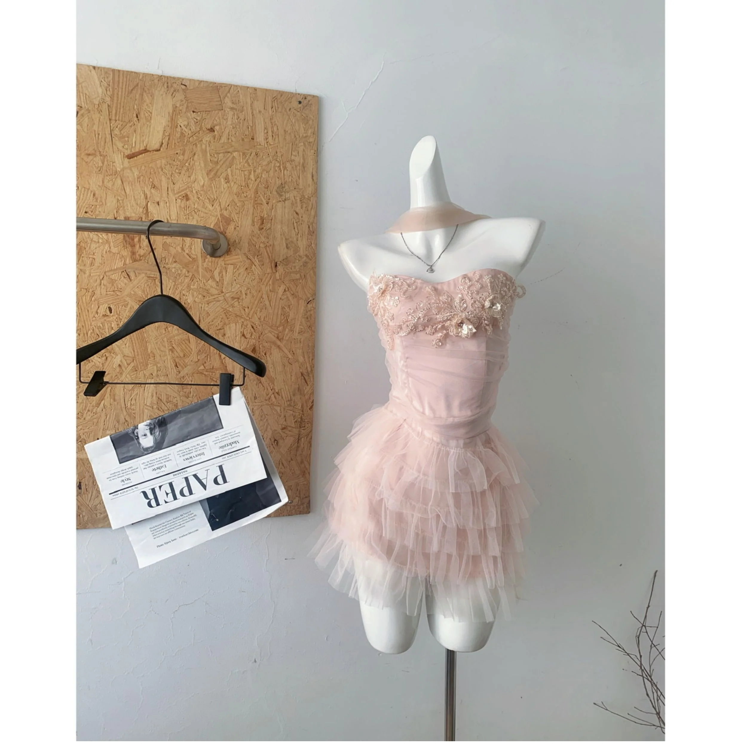 Cute Spaghetti Straps Pink Ruffles Tulle Summer Dress 2 Pieces Holiday Party Outfits For Women DP0094 - Deanwangkt