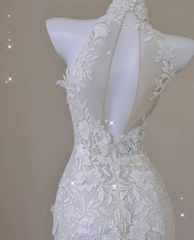 Elegant Mermaid High Neckline White Lace Sleeveless Wedding Dresses Brides Dress P0012 - Deanwangkt