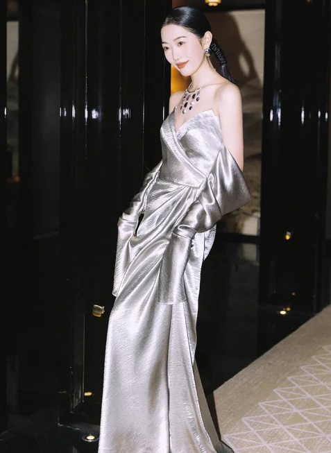 Glam Strapless Sheath Long Prom Dresses Satin Silver Grey Evening Dresses DP3312 - Deanwangkt