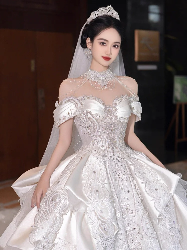 Princess Bridal Dress Ball Gown Off The Shoulder White Wedding Dress Ruffles Lace Wedding Dresses Modest Wedding Gowns DH1774 - Deanwangkt