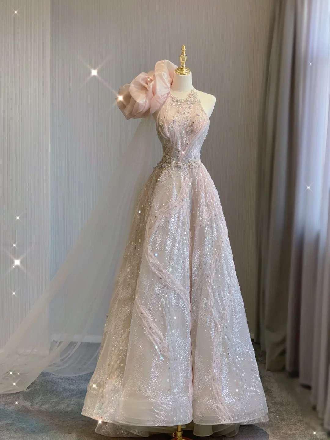 Classy Ball Gown One Shoulder Pink Sequin Evening Dress Long Prom Dresses P0020 - Deanwangkt