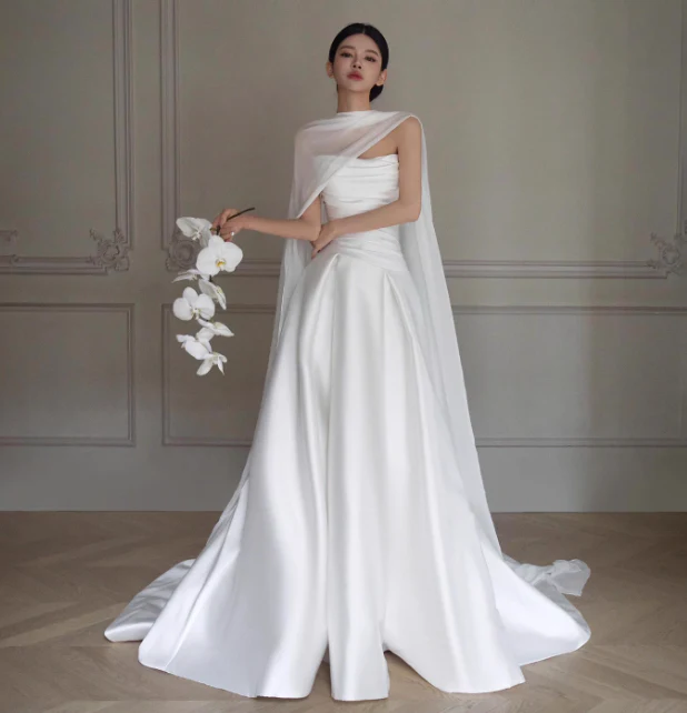 Simple Strapless Sheath Satin Long Wedding Dresses White Bridal Gowns Sleeveless Bridal Dresses DP3865 - Deanwangkt