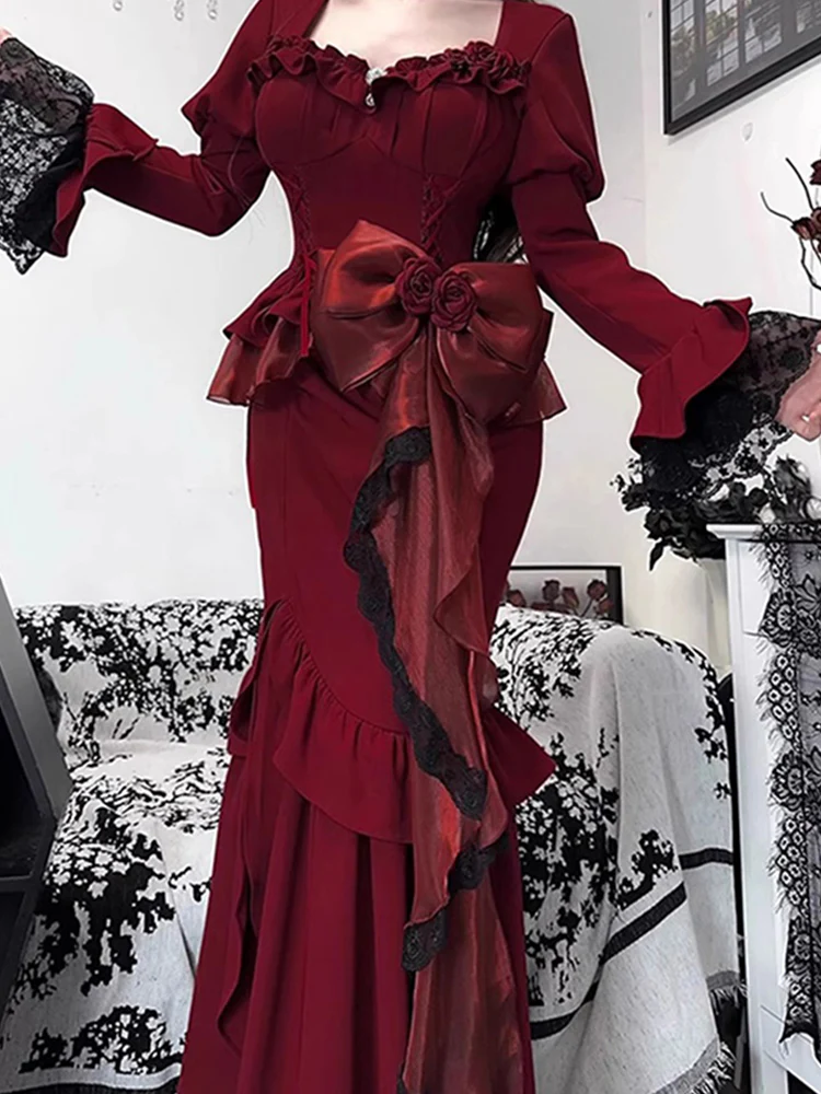 Vintage Mermaid Sweetheart Long Sleeves Burgundy Black Lace Summer 18th Birthday Dress Lolita Dress Birthday Outfits W1133 - Deanwangkt