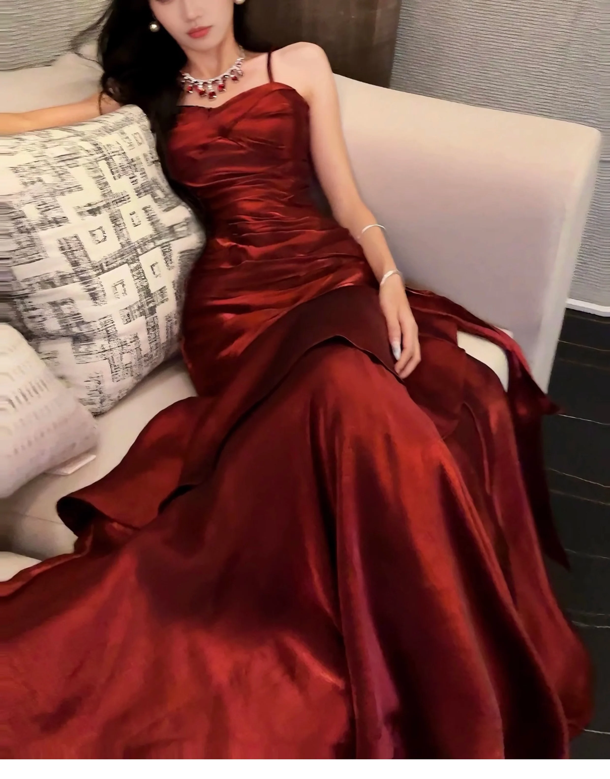 Elegant Mermaid Spaghetti Straps Sleeveless Maroon Prom Gown Long Evening Dress Prom Dresses DP232 - Deanwangkt