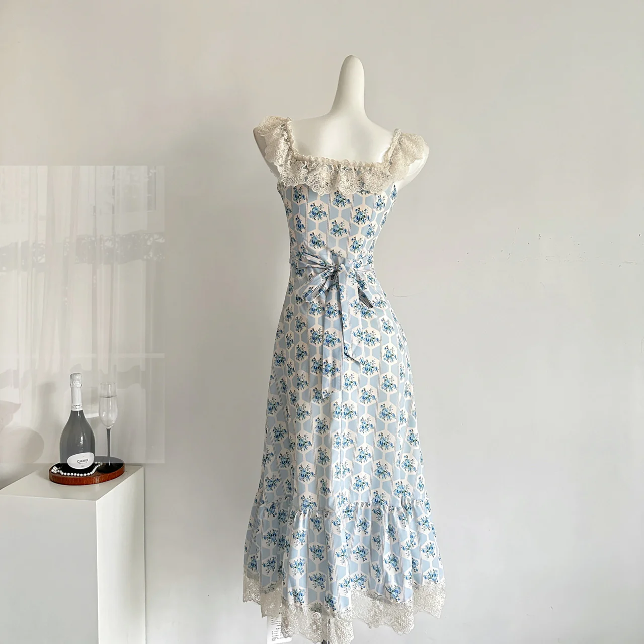 Sexy A line Straps Floral Blue Summer Dress Holiday Party Birthday Outfits For Women DP0144 - Deanwangkt