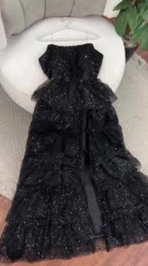 Sparkly Stunning Black Sequined Sleeveless Strapless Long Prom Dress with Split DP291 - Deanwangkt