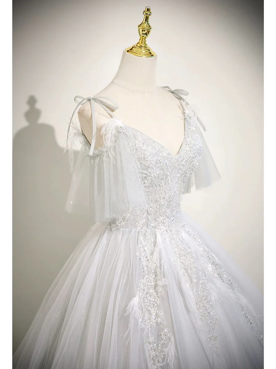 Cute V neck A-Line Tulle Long Prom Dresses, White Sweet 16 Dresses DP3169 - Deanwangkt