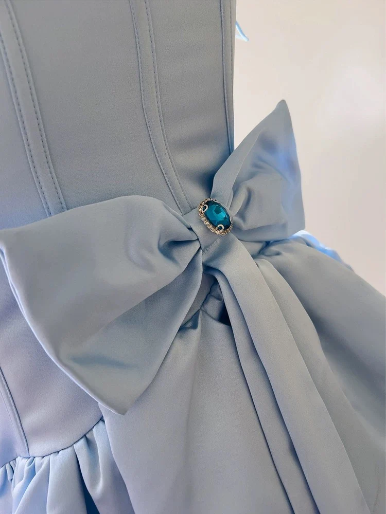 Trendy Ball Gown Spaghetti Straps Blue Satin Sleeveless Formal Short 8th Grade Homecoming Dress Summer Middle School Hoco Dresses Cocktail Dress Birthday Outfits W940 - Deanwangkt