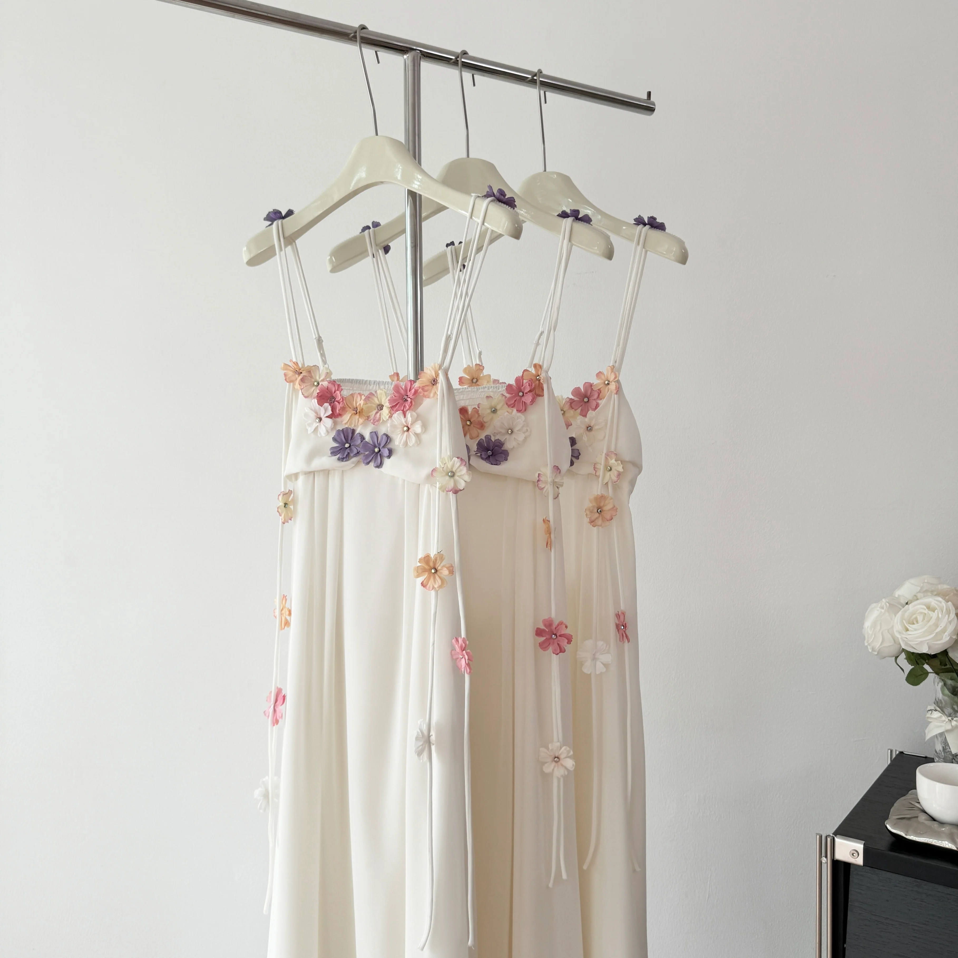 Cute A Line Spaghetti Straps Floral White Chiffon Summer Dress Holiday Party Outfits For Girls DP0130 - Deanwangkt