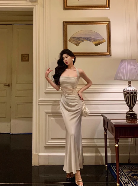 Elegant Mermaid Halter Satin Sleeveless 18th Birthday Dress Party Gown Birthday Outfits Birthday Dress Ideas For Women DP567 - Deanwangkt