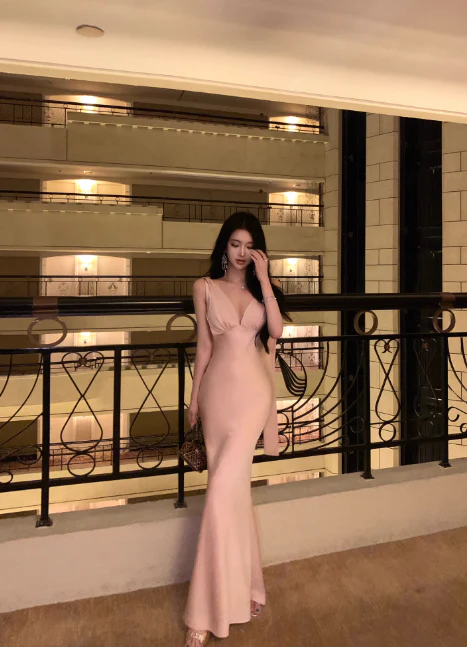 Elegant V-neck Mermaid Satin Long Formal Evening Dress Sexy Pink Graduation Dress DP2907 - Deanwangkt