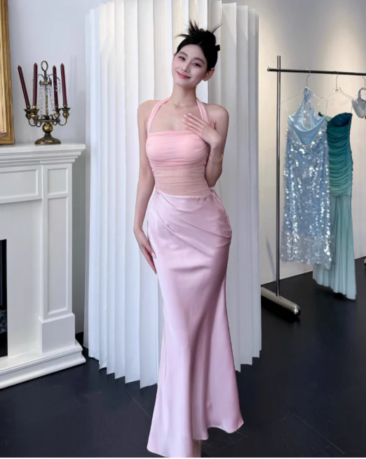 Elegant Halter Sheath Satin Long Evening Dresses, Pink Formal Dresses DP3146 - Deanwangkt
