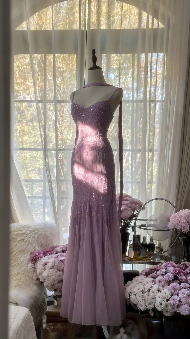 Sexy Mermaid Spaghetti Straps Purple Elegant Tulle Sequin Prom Dresses P0001 - Deanwangkt