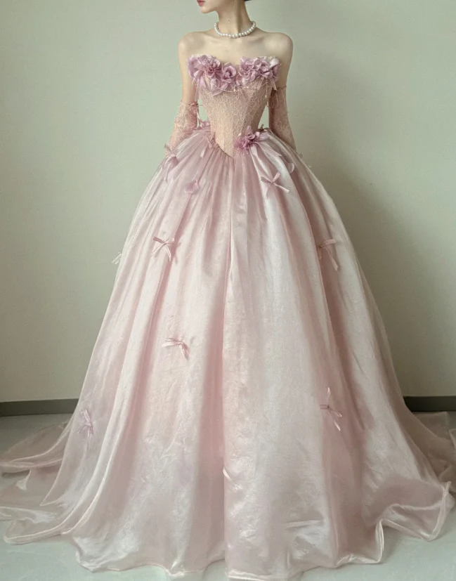 Elegant Strapless Ball Gown Tulle Long Prom Dresses, Pink Formal Evening Dresses DP3119 - Deanwangkt