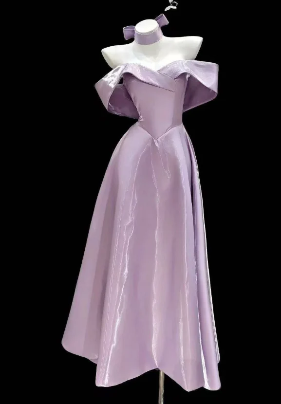 Elegant Off-shoulder A-Line Satin Prom Dresses, Purple Formal Evening Dresses DP3143 - Deanwangkt