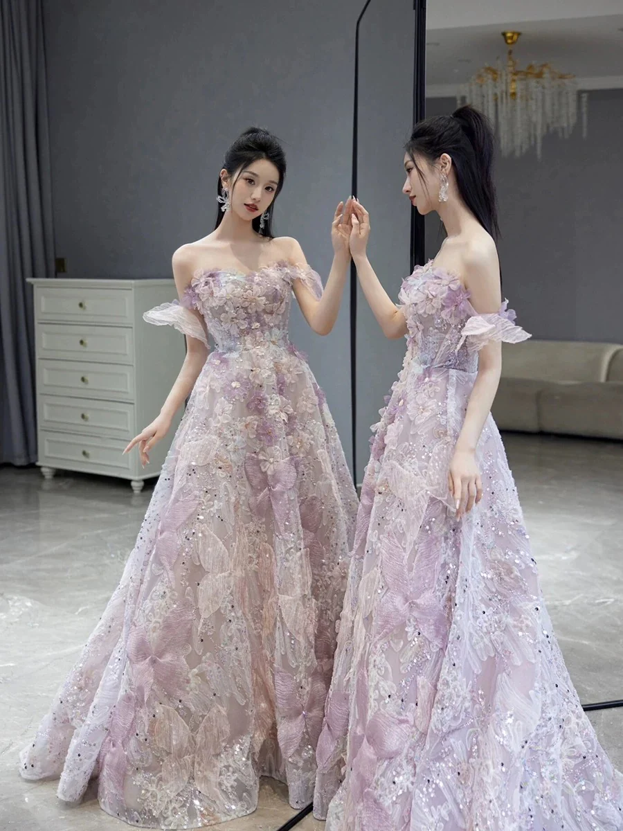 Classy Ball Gown Straps Pink Floral Evening Dress Long Prom Dresses H2880 - Deanwangkt