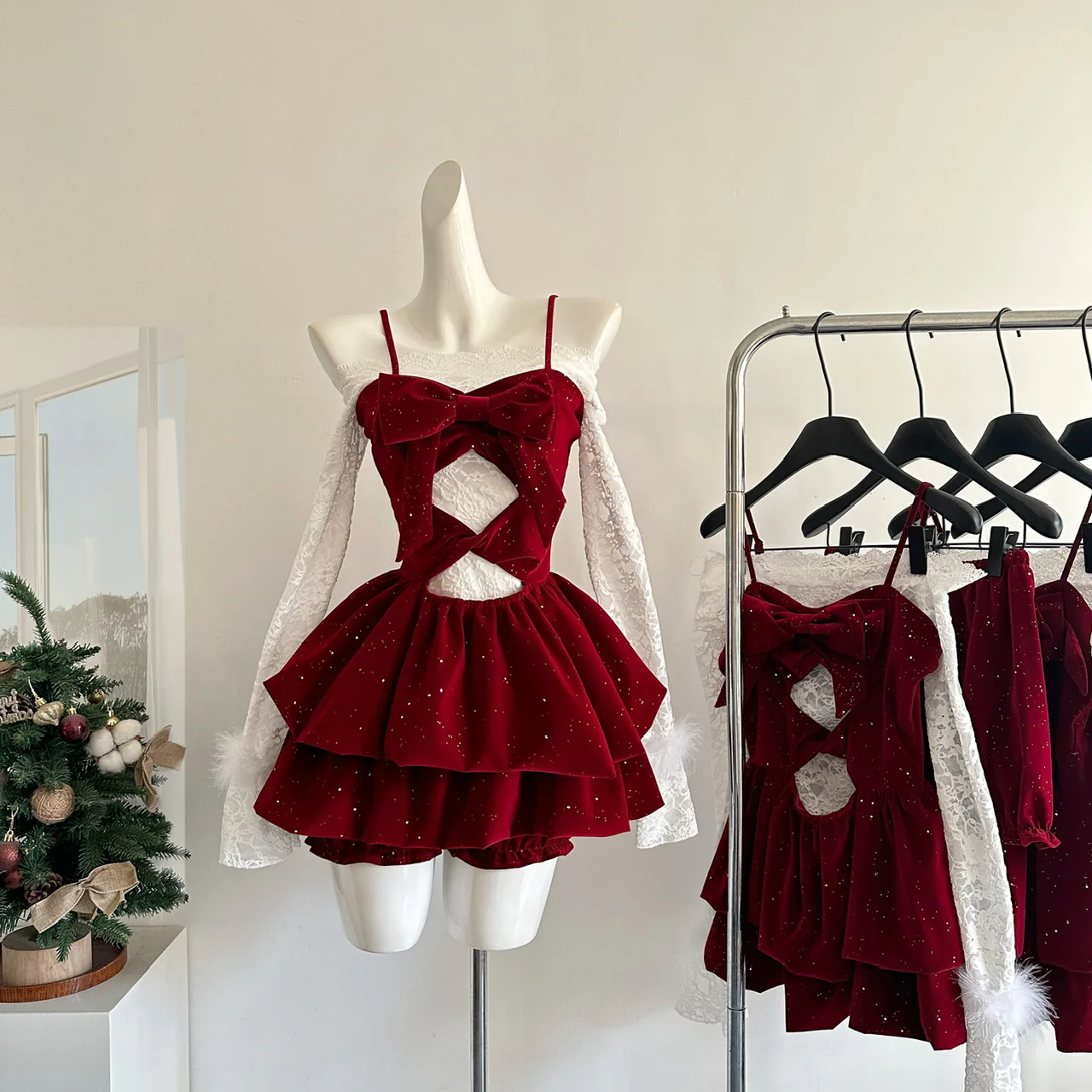 Cute Spaghetti Straps Red Ruffles Velvet Summer Dress 3 Pieces Holiday Party Outfits For Women DP0092 - Deanwangkt