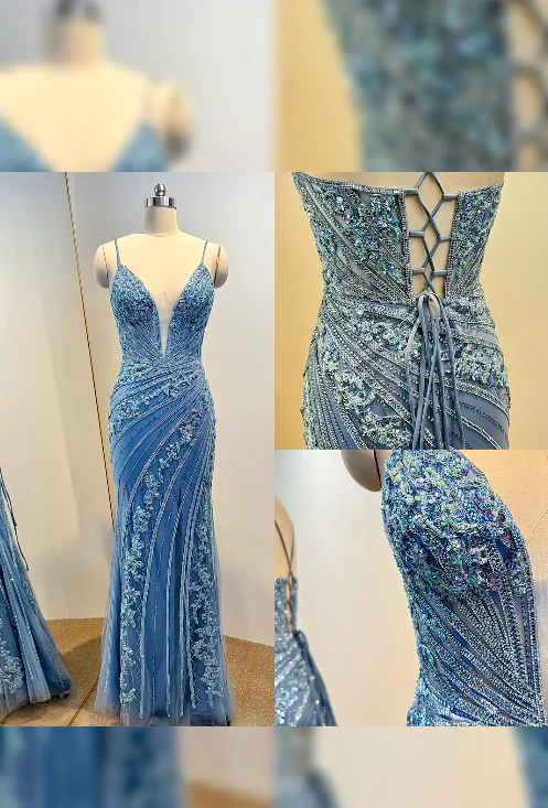 Chic Sheath Blue Long Prom Dresses Sleeveless Beaded Tulle Blue Formal Dresses DP3881 - Deanwangkt
