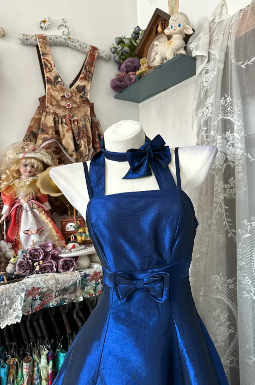 Chic Halter A-Line Long Prom Dresses Satin Blue Evening Dresses DP3376 - Deanwangkt