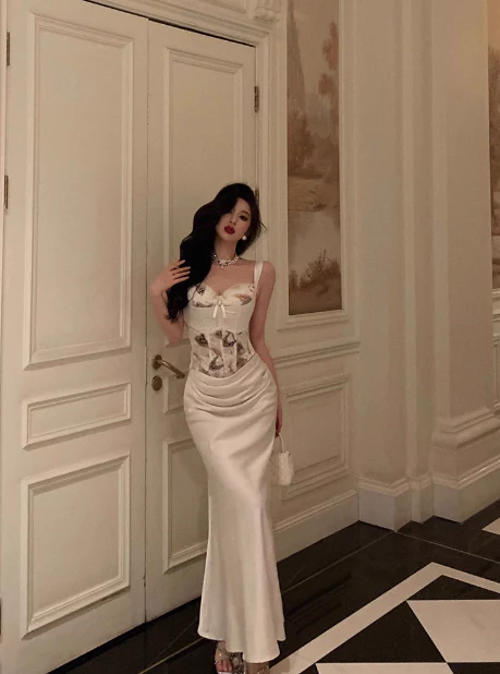 Elegant Mermaid 2 Pieces White Satin Sleeveless 21st Birthday Dresses Evening Gown Birthday Outfits Birthday Dress Ideas For Women DP1423 - Deanwangkt