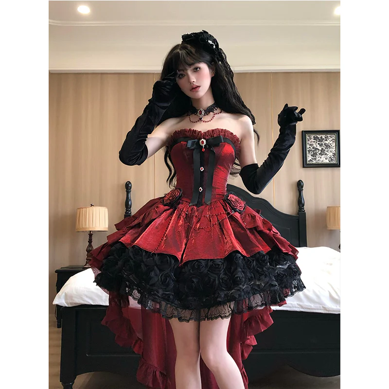 Vintage Ball Gown Sweetheart Red Black Mini Summer 16th Birthday Dress Lolita Dress Mini 18th Birthday Outfits Short Lolita Outfit DH2425 - Deanwangkt