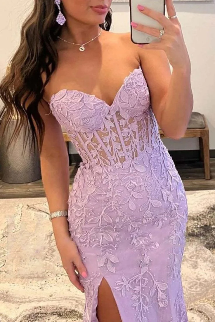 Pretty Mermaid Strapless Corset Lace Prom Dress with Slit DP295 - Deanwangkt
