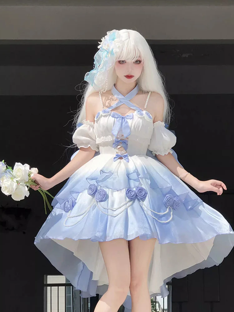 Vintage Ball Gown Spaghetti Straps Short Chiffon Summer 18th Birthday Dress High Low Ombre Blue Pearls Lolita Dress Birthday Outfits W1241 - Deanwangkt