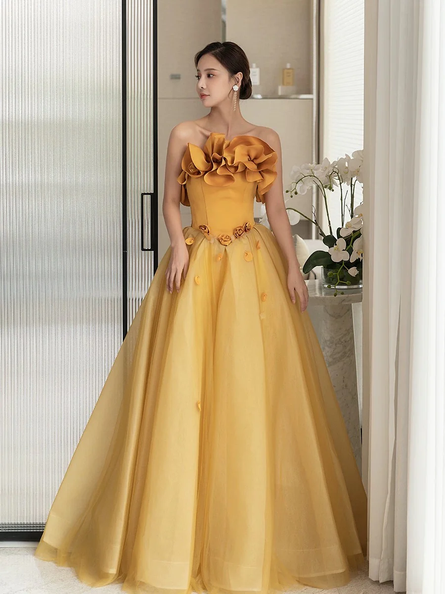 Classy Elegant Ball Gown Strapless Yellow Sleeveless Tulle Long Prom Dresses H2893 - Deanwangkt