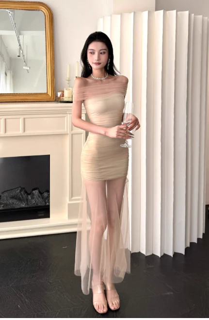 Sexy Off-the-shoulder Sheath Tulle Long Prom Dresses, Light Champagne Formal Evening Dresses DP3133 - Deanwangkt