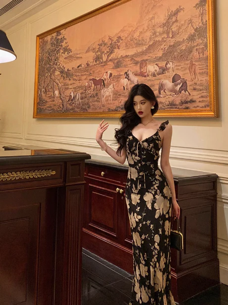 Elegant Mermaid Straps Black Floral Sleeveless 18th Birthday Dress Party Gown Birthday Outfits Birthday Dress Ideas For Women DP570 - Deanwangkt