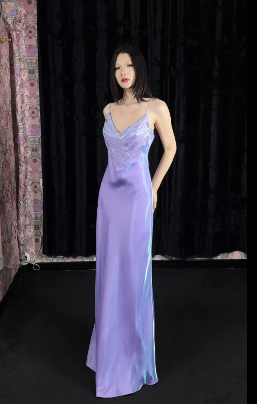 Vintage Spaghetti Straps Sheath Purple Long Prom Dresses, Sleeveless Satin Purple Evening Dresses DP3963 - Deanwangkt
