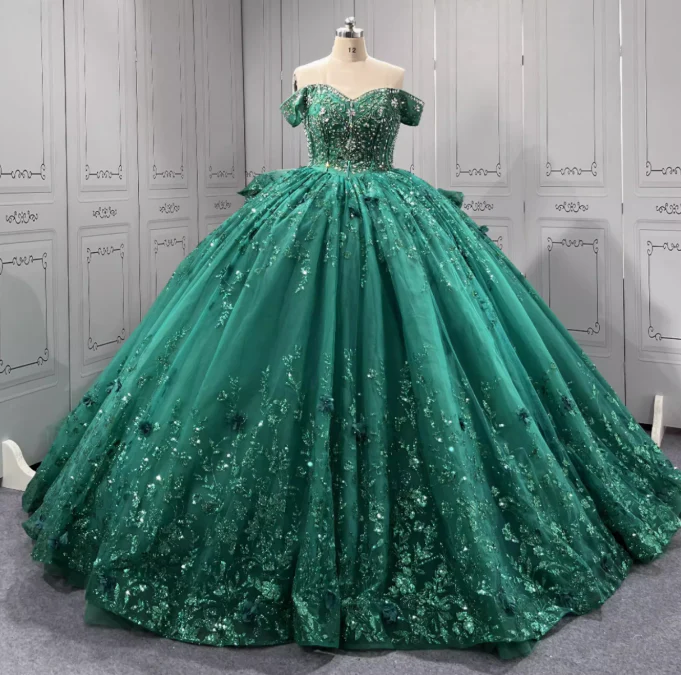 Gorgeous Dark Green Off-the-Shoulder Tulle Long Ball Gown Appliques Sweet 16th Birthday Dress Cute Beaded Sequin Quinceanera Dress DH2733 - Deanwangkt