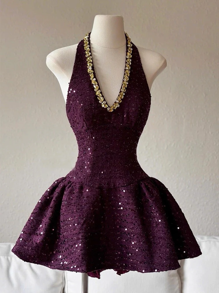 Cute Ball Gown Halter Grape Sequin Formal Homecoming Dresses 8th Grad Dance Graduation Dress Short Hoco Dresses DH2631 - Deanwangkt