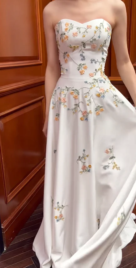 Elegant Sweetheart Sheath Satin Long Prom Dresses, White Floral Formal Dresses DP3171 - Deanwangkt